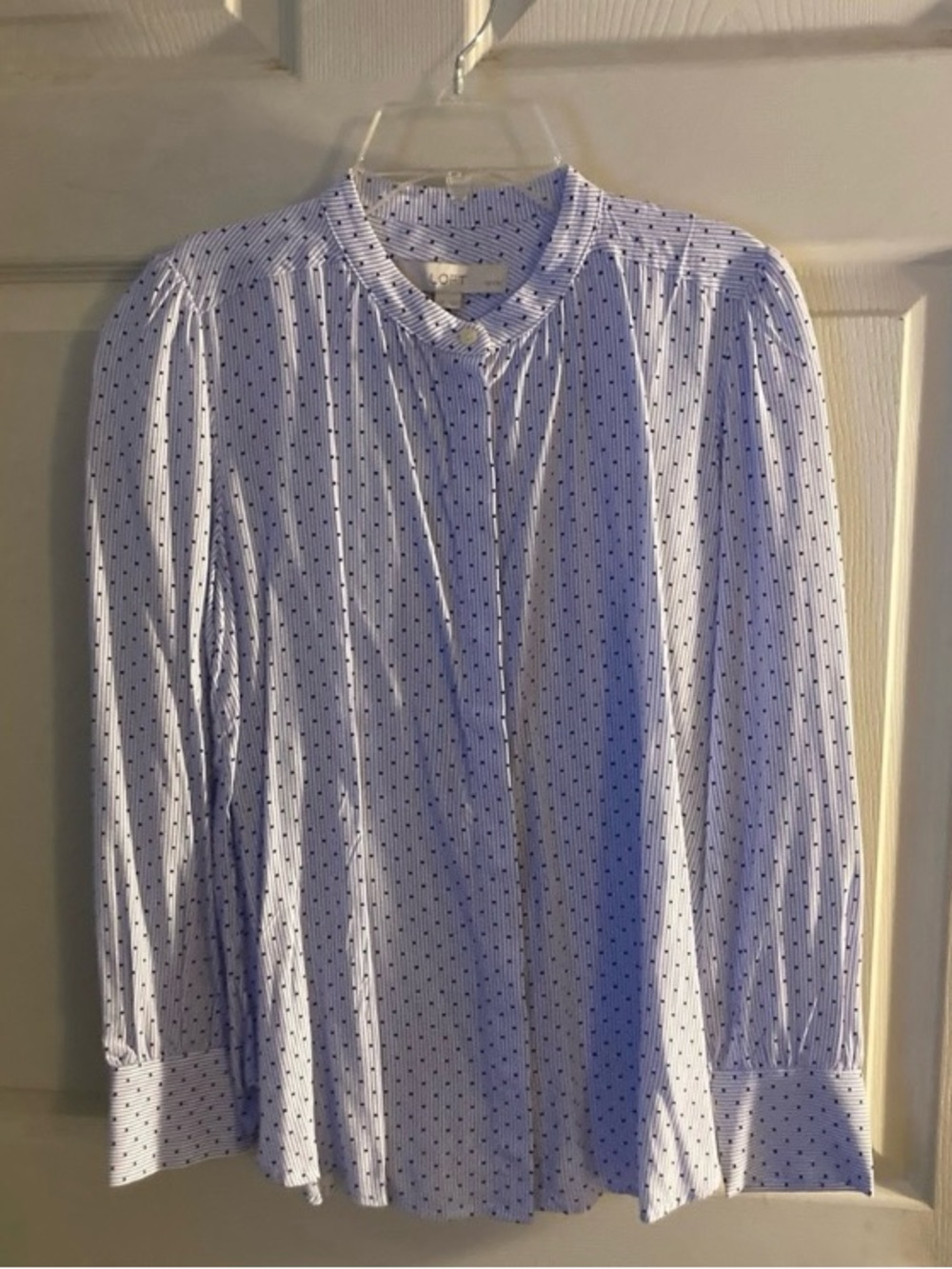 LOFT White Blouse with Navy Dot Print Button Up Women’s Size SP